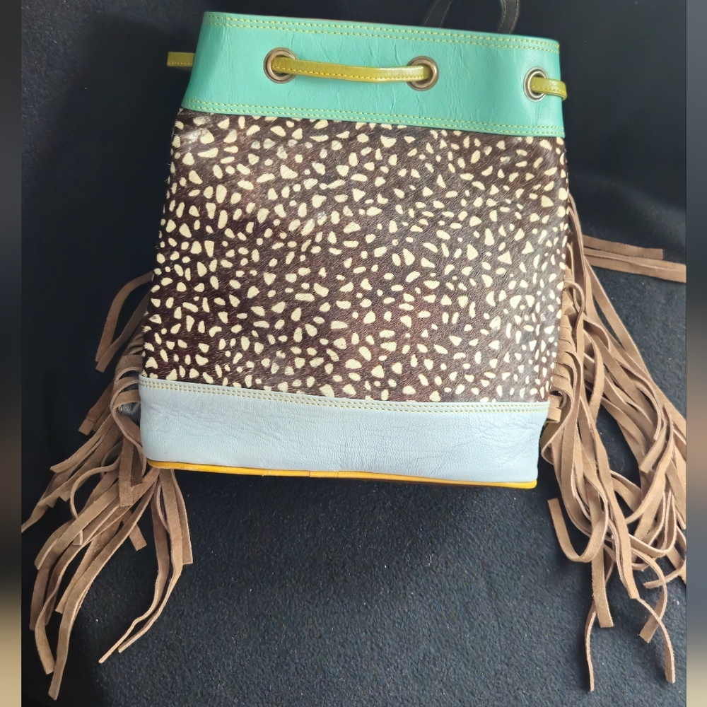 Zelah Leather & Hair on Hide Leopard Print Multicolor Drawstring Bucket Bag - Picture 5 of 12